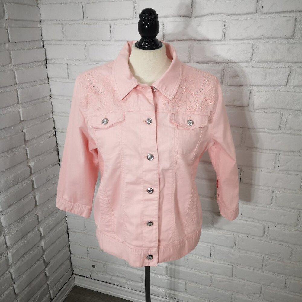 Sears Classic Ladies Size 12 Pink Button Front Embroidery & Sequins Denim Jacket